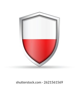 Glossy vector shield icon featuring the national flag of Poland. Ideal for patriotic, cultural, or travel designs. Fully scalable for digital and print use.