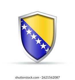 Icono de escudo de Vector brillante con la bandera nacional de Bosnia y Herzegovina. Ideal para diseños patrióticos, de viajes o culturales. Escalable para uso digital e impreso.