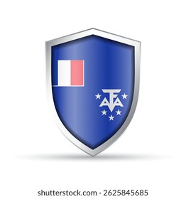 Glossy vector shield icon featuring the flag of the French Southern and Antarctic Lands. Ideal for political, geographic, or regional designs. Fully scalable for print and digital use.