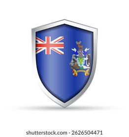 Glossy vector shield icon featuring the flag of South Georgia and the South Sandwich Islands. Ideal for regional, geographic, or travel use. Fully scalable for print and digital design.