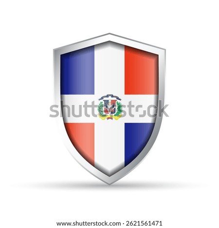 Glossy vector shield icon featuring the national flag of the Dominican Republic. Ideal for patriotic, cultural, or travel designs. Fully scalable for both print and digital use.