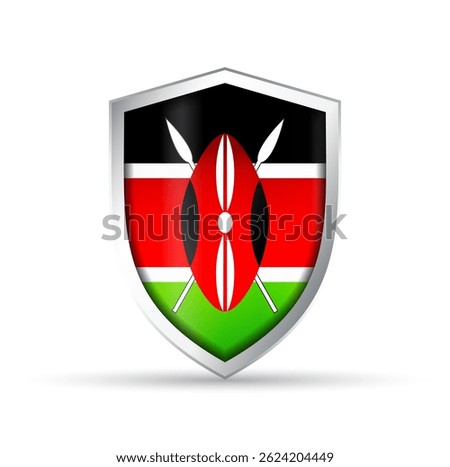 Glossy vector shield icon featuring the national flag of Kenya. Ideal for patriotic, cultural, or travel-themed designs. Fully scalable for both print and digital use.