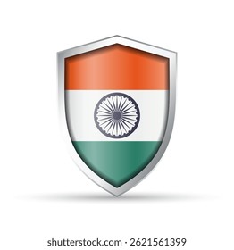 Glossy vector shield icon with the national flag of India. Perfect for patriotic, cultural, or travel designs. Fully scalable for use in digital and print projects.

