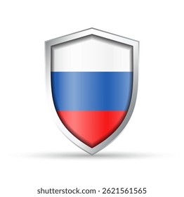 Glossy vector shield icon with the national flag of Russia. Ideal for patriotic, political, or travel-themed designs. Fully scalable for print and digital use.