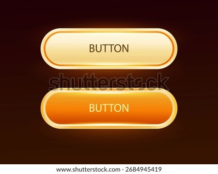 Glossy vector UI buttons in yellow and orange gradient style, with rounded edges and glowing highlights, suitable for game design, app UI, and web interface elements. 3d vector illustration