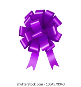 Glossy violet bow with ribbon isolated on white background. Realistic decoration for holidays events. Beautiful decor object from silk vector illustration. Christmas or birthday packing element.