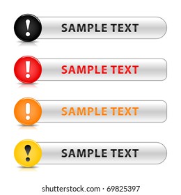 Glossy warning web 2.0 button with exclamation mark symbol. Colored round and gray button with shadow on white background