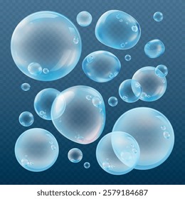 Glossy water droplets, transparent and reflective. Water droplets with realistic texture. Perfect for designs needing water droplets or liquid effects. Soap bubble element vector set.