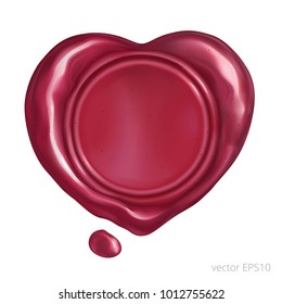 Glossy wax seal in the shape of a valentine heart. Vector realistic sealing wax. Round blank stamp colored in cherry-brown tints. Sign of a love letter. Vintage icon of certified high quality product.