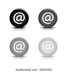 Glossy web 2.0 button with at symbol. Black and gray round shapes with shadow and reflection on white background. 10 eps