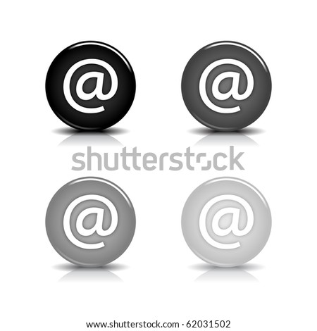 Glossy web 2.0 button with at symbol. Black and gray round shapes with shadow and reflection on white background. 10 eps