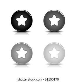 Glossy web 2.0 button with white star symbol. Black and gray round shapes with shadow and reflection on white background