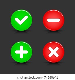 Glossy web 2.0 buttons of validation icons with black shadow and reflection on gray background. 10 eps