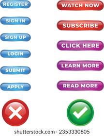 Glossy Web Button Design for Register, Sign in, Sign up, Login, Submit, Apply, Watch now, Subscribe, Click here, Learn more, Read more, Cross and Tick