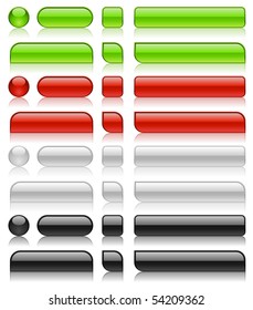 Glossy web buttons of different shapes in green, red, white and black colors.