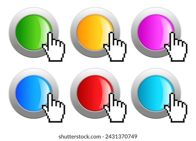 Conjunto de botones web brillantes, botones de clic de vidrio y metal con cursor aislado sobre fondo blanco