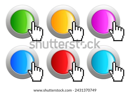 Glossy web buttons set, glass and metal click buttons with cursor isolated on white background. Colorful design elements for website or mobile application, ui interface template buttons set