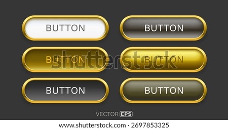 Glossy web buttons set with golden frames on a dark background. Elegant UI call to action elements. Vector illustration