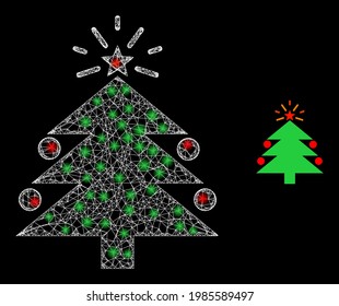 Glossy web christmas fir tree with light spots. Linear carcass 2D mesh generated with crossed white lines and christmas fir tree icon.