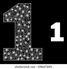 Glossy web digit one with glowing spots. Linear carcass flat mesh generated with crossed white lines and digit one icon. White mesh and sparkle carcass mesh digit one on a black background.
