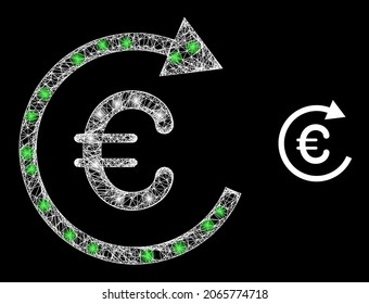 El euro de la web brillante paga con puntos claros. Malla plana de marco lineal generada a partir de líneas blancas entrelazadas e icono de reembolso del euro. Malla blanca y marco espumoso euro poligonal retribución sobre un fondo negro.