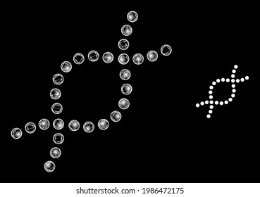 Glossy web model genetic spiral with glowing spots. Wire carcass flat mesh generated from crossing white lines and genetic spiral icon.