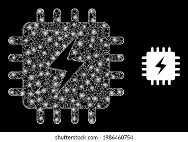 Chip de potencia brillante de modelo web con manchas de luz. Malla plana de canal lineal generada a partir del cruce de líneas blancas y el icono de chip de potencia. Chip de potencia de malla blanca y de malla brillante en un fondo negro.