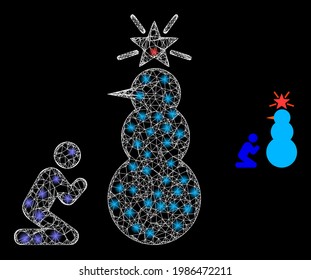 Glossy web model pray to holy snowman with light spots. Linear carcass flat network generated with crossing white lines and pray to holy snowman icon.