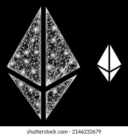 Glossy Web-Modell rhombus Kristall mit leuchtenden Flecken. Wire carcass 2D Netzwerk erzeugt mit Kreuzung von weißen Linien und rhombus Kristall Symbol.