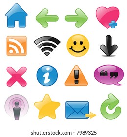 Glossy web symbols including RSS feed, Podcast, Wi-Fi and Favorites.