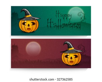 Glossy website header or banner set with scary pumpkins for Happy Halloween Party celebration.