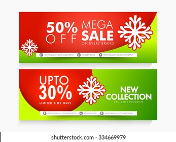 Glossy website header or banner set of Mega Sale with fantastic discount offer for Happy Holidays celebration.