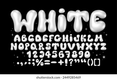 Glossy white bubble font. Inflated alphabet 3D  ballon letters and numbers. Vector set