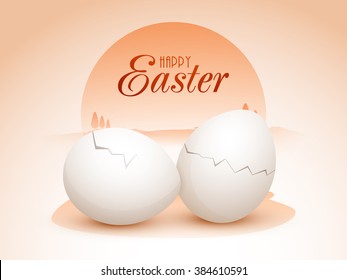 Glossy white cracked Eggs on nature background for Happy Easter celebration.