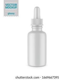 Glossy white dropper bottle. Editable bottle and cap colors. Contains accurate mesh to wrap your design with envelope distortion. Photo-realistic packaging mockup template. Vector illustration.