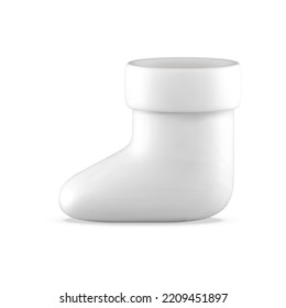Glossy white festive Christmas element sock for winter holiday gifts put or Santa Claus shoe statuette vector illustration. Realistic Xmas bauble for spruce surprise decorative design 3d template