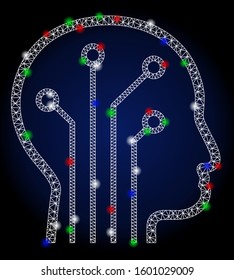 Glossy white mesh artificial intelligence with glow effect. Abstract illuminated model of artificial intelligence. Shiny wire frame triangular network artificial intelligence icon.