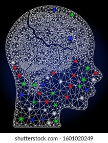 Glossy white mesh brain carcinoma with glow effect. Abstract illuminated model of brain carcinoma. Shiny wire carcass triangular network brain carcinoma icon.