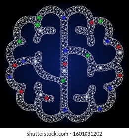 Glossy white mesh brain with glitter effect. Abstract illuminated model of brain. Shiny wire carcass polygonal mesh brain icon. Vector abstraction on a dark blue gradient background.
