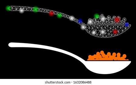 Glossy white mesh caviar spoon with glow effect. Abstract illuminated model of caviar spoon. Shiny wire frame triangular mesh caviar spoon icon on a black background.