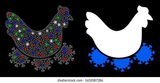 Glossy white mesh chicken virus with glare effect. Abstract illuminated model of chicken virus. Shiny wire carcass polygonal mesh chicken virus icon on a black background.
