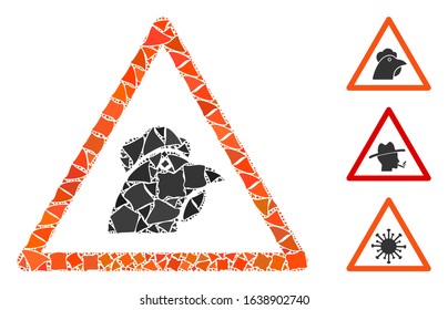 Glossy white mesh chicken warning with glow effect. Abstract illuminated model of chicken warning. Shiny wire frame polygonal mesh chicken warning icon on a black background.