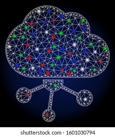 Glossy white mesh cloud network with glare effect. Abstract illuminated model of cloud network. Shiny wire frame triangular mesh cloud network icon.