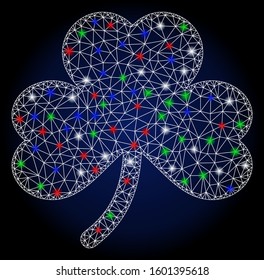 Glossy white mesh clover leaf with sparkle effect. Abstract illuminated model of clover leaf. Shiny wire carcass polygonal mesh clover leaf icon. Vector abstraction on a dark blue gradient background.