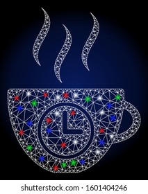 Glossy white mesh coffee time with glare effect. Abstract illuminated model of coffee time. Shiny wire frame polygonal mesh coffee time icon. Vector abstraction on a dark blue gradient background.