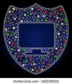 Glossy white mesh computer insurance with glitter effect. Abstract illuminated model of computer insurance. Shiny wire carcass triangular mesh computer insurance icon.