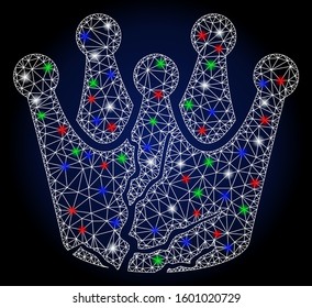 Glossy white mesh corrupted monarchy with glow effect. Abstract illuminated model of corrupted monarchy. Shiny wire carcass triangular mesh corrupted monarchy icon.