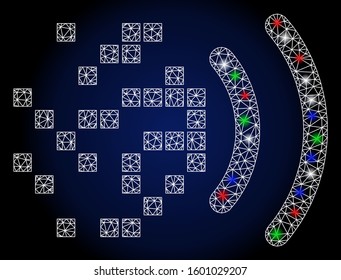 Glossy white mesh data transmission with glitter effect. Abstract illuminated model of data transmission. Shiny wire carcass triangular network data transmission icon.