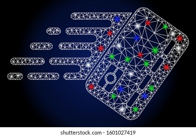 Glossy white mesh fast banking card with glare effect. Abstract illuminated model of fast banking card. Shiny wire frame polygonal mesh fast banking card icon.