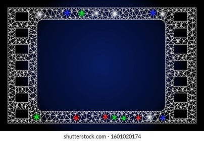 Glossy white mesh film frame with glare effect. Abstract illuminated model of film frame. Shiny wire frame polygonal mesh film frame icon. Vector abstraction on a dark blue gradient background.